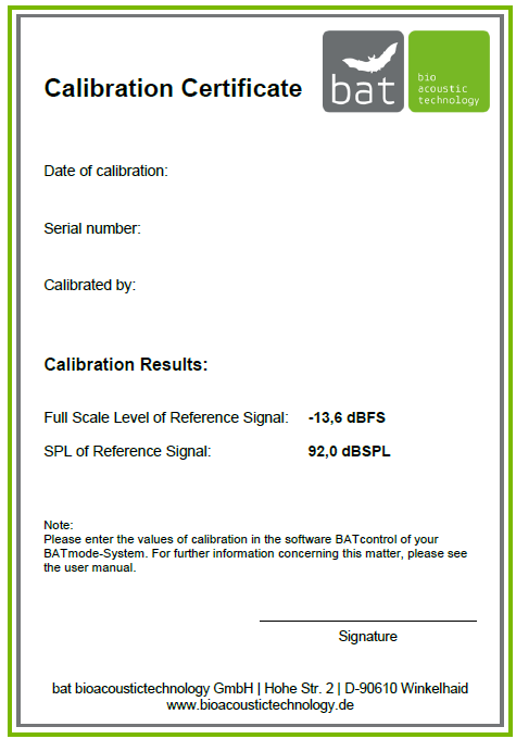 Figure 1: Exemplary calibration certificate of a microphone disc